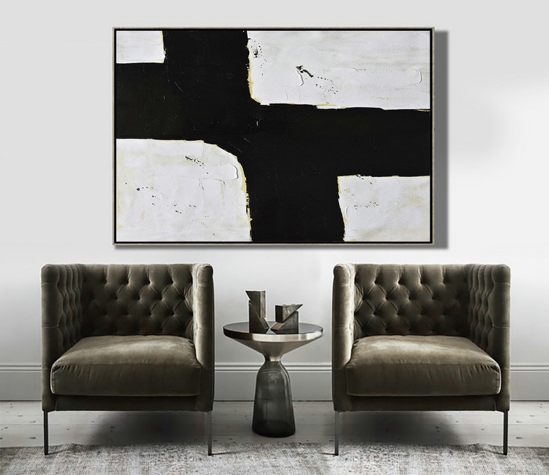 Large Wall Canvas,Horizontal Palette Knife Minimal Canvas Art Painting Black White Beige - Original Abstract Painting Canvas Art